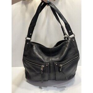 Tignanello Womens Hobo Leather Shoulder Handbag Satchel Purse Pockets Black